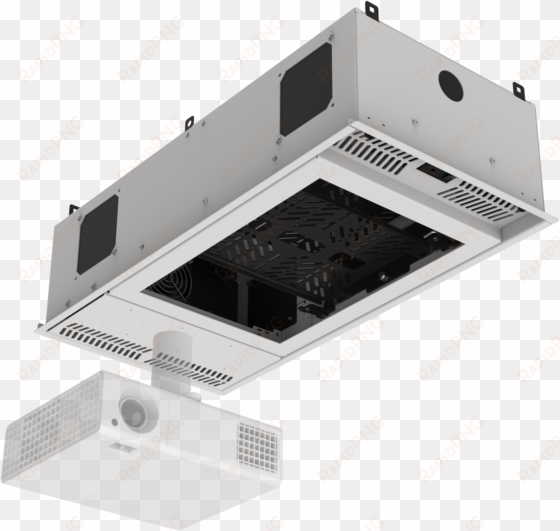 1' x 2' ceiling mount rack with 2ru, half width, ambitilt™ - projector outlet above ceiling back boxes