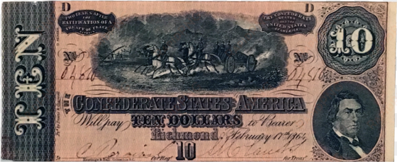 1864 ten dollar confederate civil war note - confederate states of america 5 dollars
