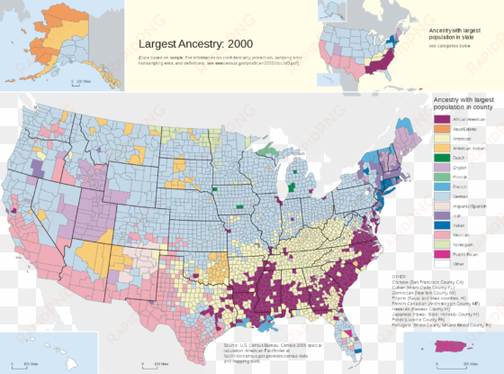 2000 census population ancestry map, with african-american - immigration map of the united states