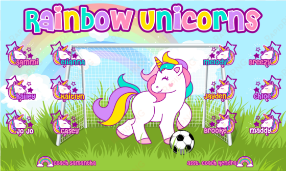 3'x5′ vinyl banner rainbow unicorns - soccer purple unicorns banner