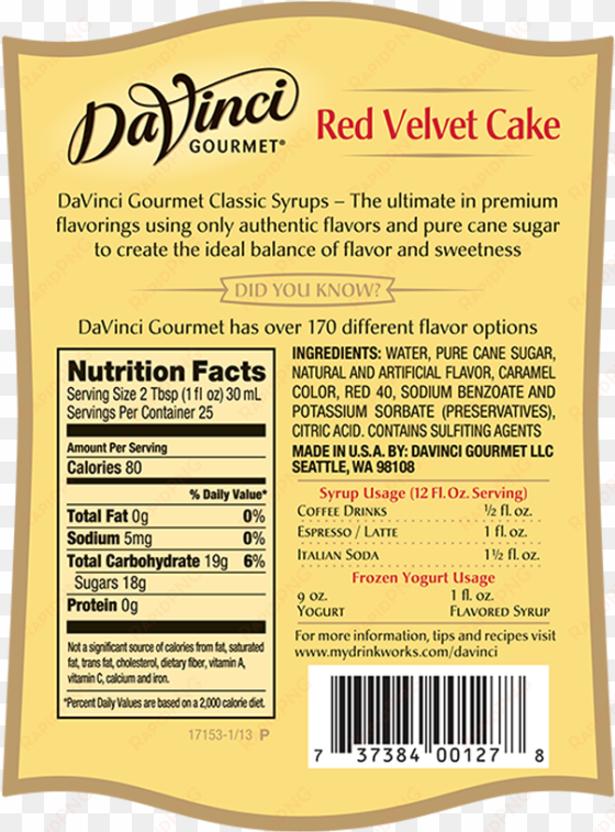 6073738400127 Dvg Classic Red Velvet Cake - Davinci Gourmet Classic Flavored Syrups Cherry 750 transparent png image