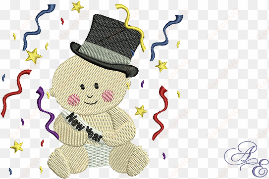 a baby new year wearing a sash and top hat in a shower - baby new year