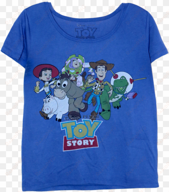 a blue t-shirt with the cast of toy story and the logo - shirt