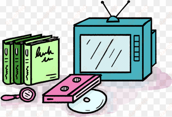 a drawn image of a tv, three books, vhs tape, cd, and - television