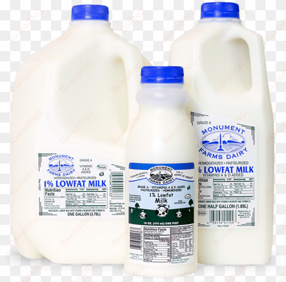 a pint, half gallon, and gallon jug of monument farms - pint of milk vs a gallon
