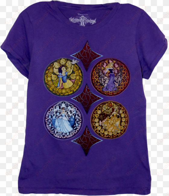 a purple t-shirt with four mosaics of snow white, cinderella, - snow white and the seven dwarfs