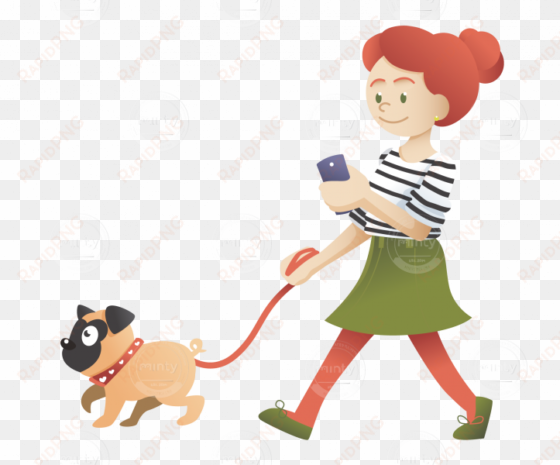 a redhead girl walking with her pug and checking her - cartoon girl walking png