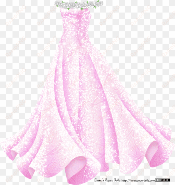 a sleeveless pink gown with a fitted bodice and a full - twirling dress drawing