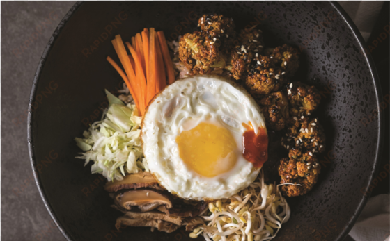 agedashi tofu and mushroom rice bowl - fried egg