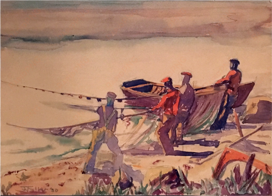american school fave watercolor signed illegibly “fishermen - infantry