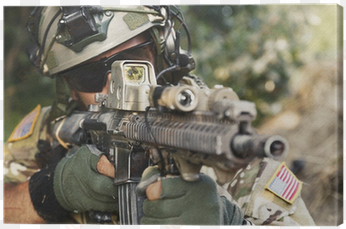 american soldier pointing his rifle canvas print • - rifle