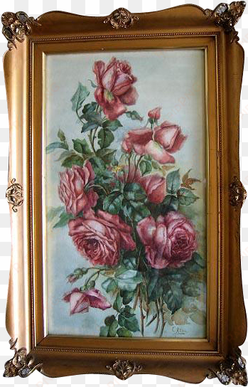 antique cabbage roses watercolor painting signed fancy - picture frame