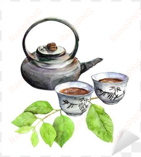 asian tea pot, teacup and green leaves - chinese teapot watercolour free