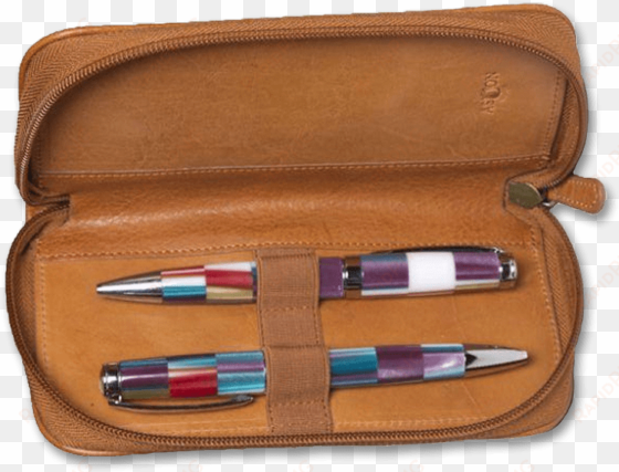 aston zipper 2-pen case tan open - leather