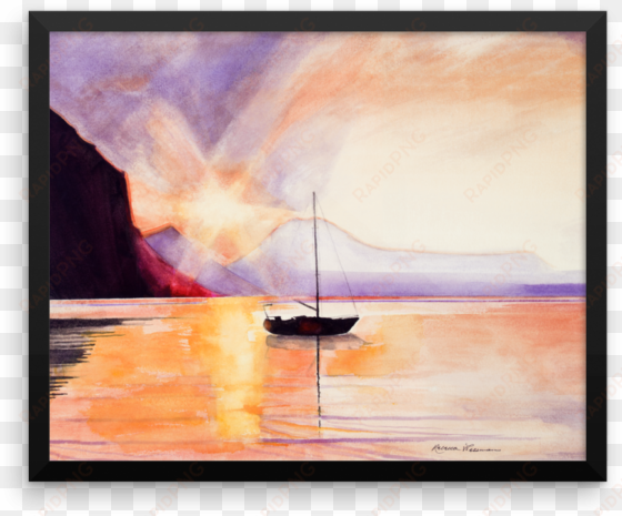 baja sunset with sailboat framed watercolor print - painting