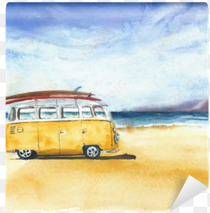 beach landscape minivan surfboards yellow bus travel - watercolor painting