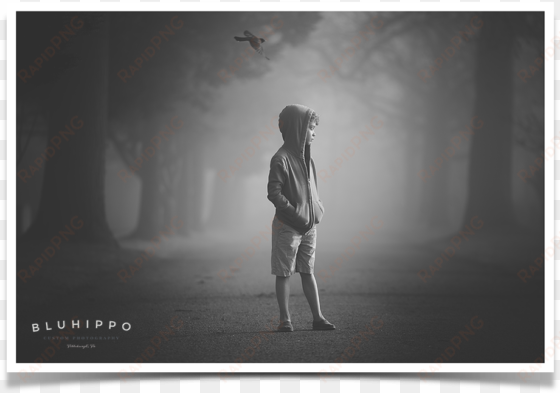 black and white child picture in fog - child in fog