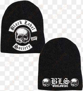 black knit beanie featuring bls worldwide skully logos - black label society logo