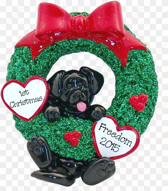 black lab hanging on to wreath christmas ornament - dog