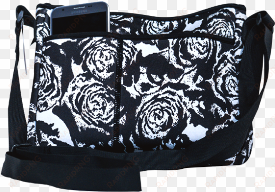 black & white rose - nupouch 0191 roses neoprene high tech crossbody purse