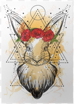 bohemian illustration with hand drawn white rabbit - ilustración conejo vintage