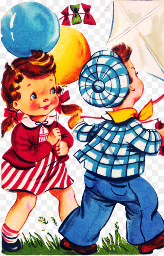 boy and girl with kite - greeting card