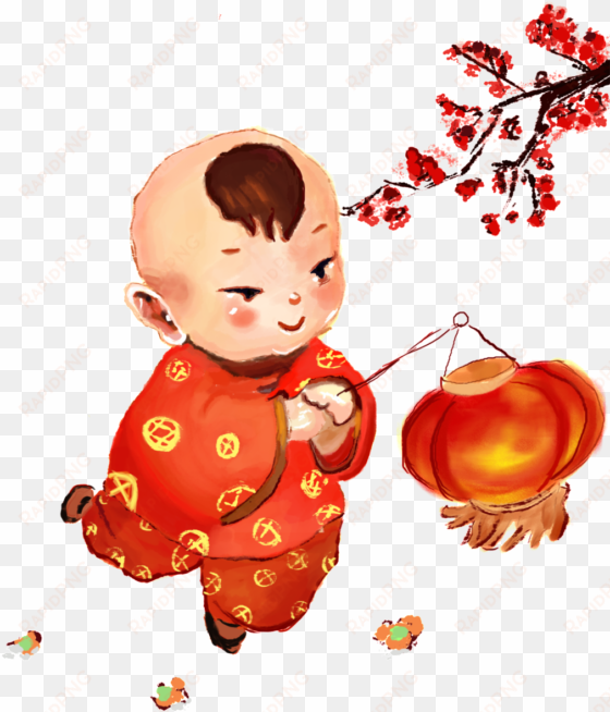 boy carrying a lantern about the lantern festival vector,plum,chinese - 卡通 小孩 提 灯笼 过 春节