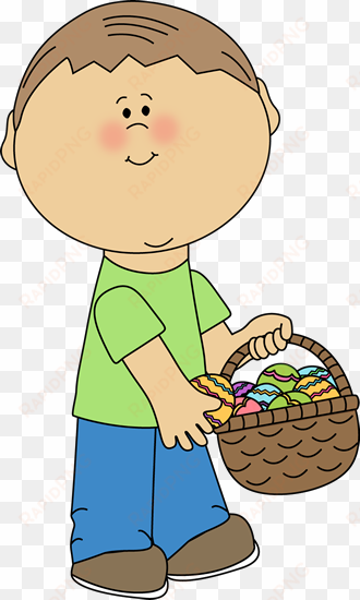 boy putting eggs in an easter basket clip art - boy carrying basket clip art