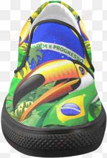 brazil flag with toco toucan women's unusual slip-on - toco toucan with brazil flag art print - mini by bluedarkart