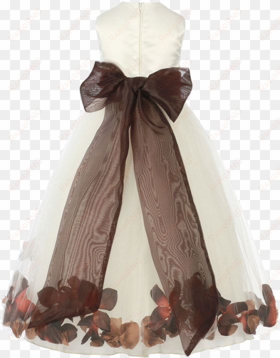 brown satin & tulle flower petal dress w sash - dress