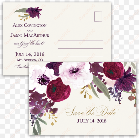 burgundy and gold floral boho postcard save the date - burgundy plum floral watercolor