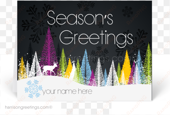 business happy holidays greeting cards - orange venue kar Üstüne renkli yılbaşı ağaçları desenli
