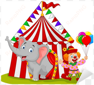 cartoon cute elephant and clown with circus tent sticker - happy elephant circus clipart
