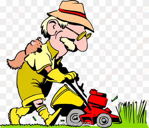 cartoon man with lawnmower royalty free vector clip - cartoon man cutting grass