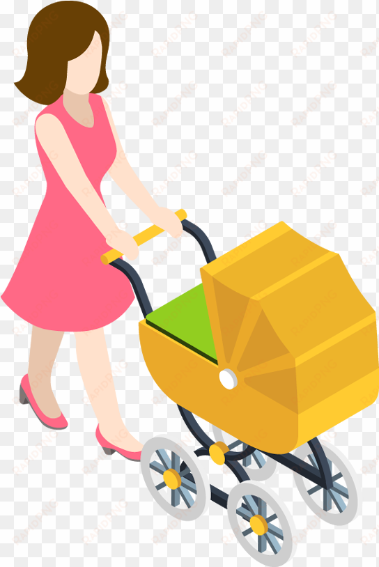 cartoon woman with baby and pram - baby transport