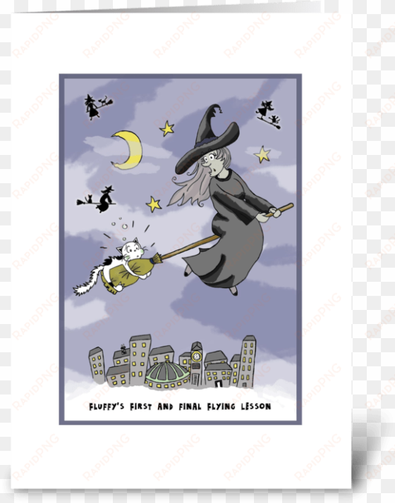 cat gets flying lessons at halloween greeting card - cartoon