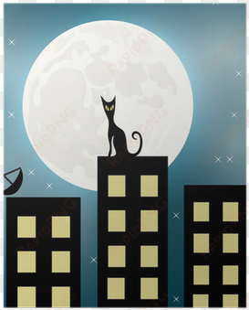 cat sitting on a roof looking to the moon vector poster - moon