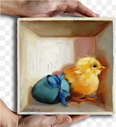 chick and blue egg in a box - painting