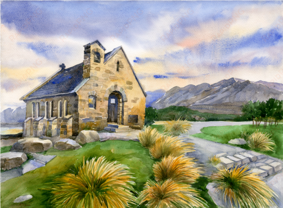 church of the good shepherd original - lake tekapo water colour