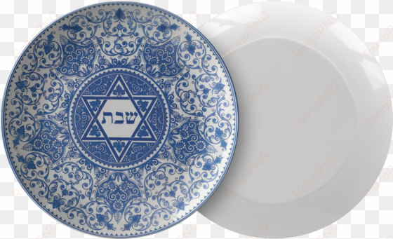 classic shabbat plate blue floral star of david - spode judaica round challah tray