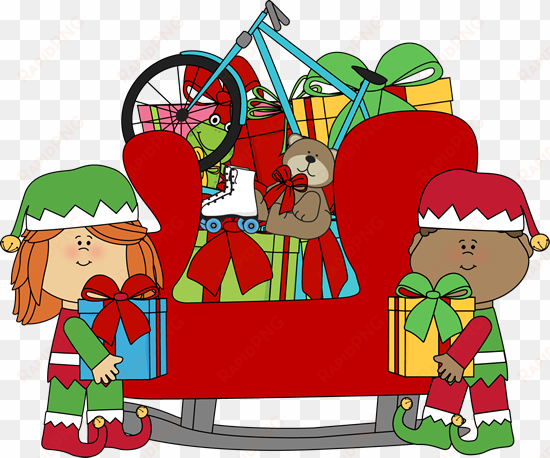 clip art of santa claus with elves - santa sleigh cute clipart