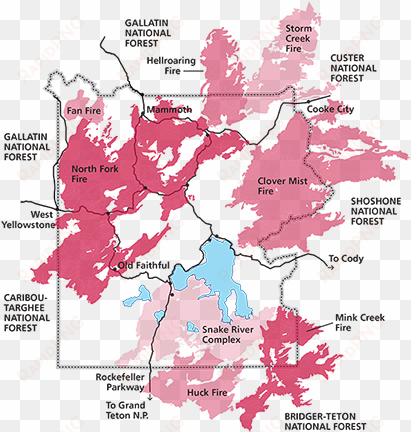 colored areas indicated areas that burned in 1988 mark - north fork fire yellowstone