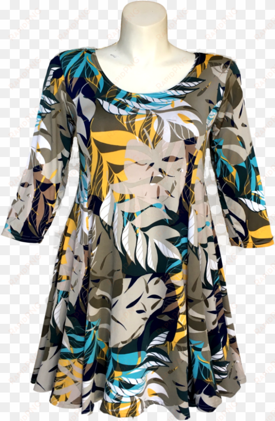 contemporary leaf print dress in gold taupe green navy - dress