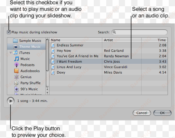 controls in the audio browser area of the slideshow - web browser