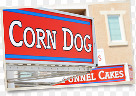 corn dog vendor sign with funnel cakes sign in background - signage