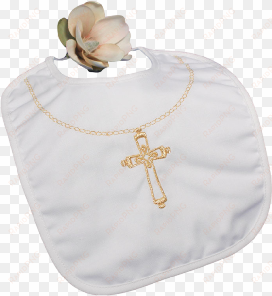 cross necklace embroidery handmade christening bib - christening bib with embroidered gold cross - large