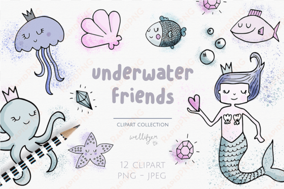 cute digital watercolor mermaid clipart collection - watercolor painting