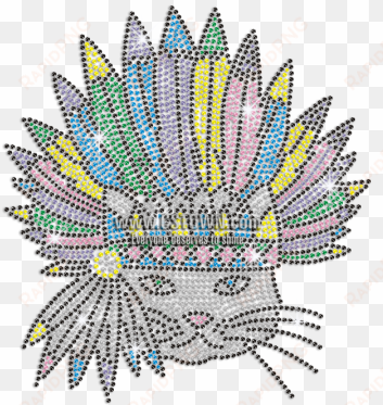 cute indian cat in colorful feather hat iron-on nailhead - tribal chief