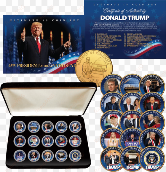 donald trump 15-coin colorized 24k gold plated washington - donald trump 15-coin 24k gold washington dc quarter