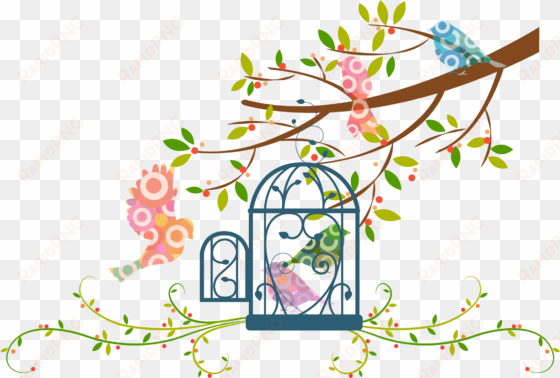 drawn birdcage branch - tree vector with birds cage